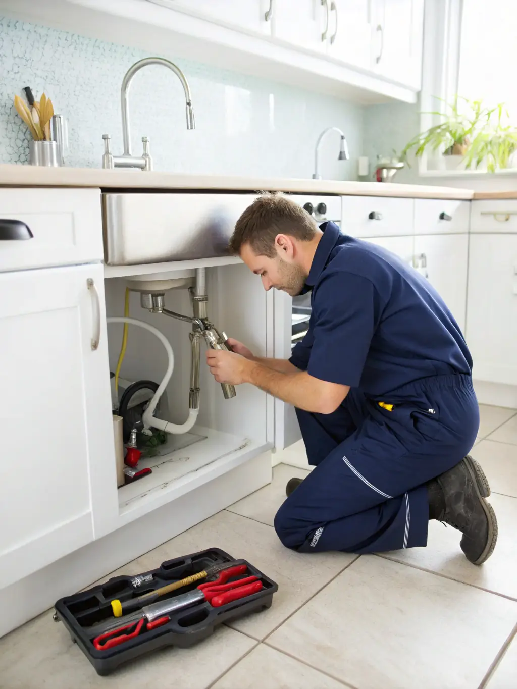 A maintenance technician fixing a kitchen sink in a well-kept rental unit, with a satisfied tenant observing, illustrating hassle-free property upkeep.