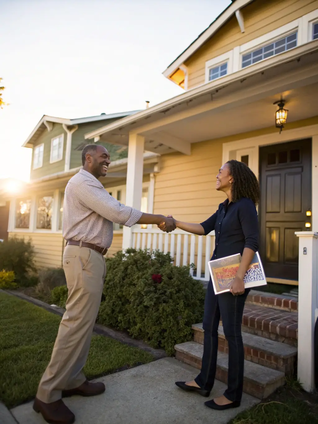 A friendly Orange Highlands, LLC team member shaking hands with a new tenant in front of a freshly leased property, representing positive tenant relations.